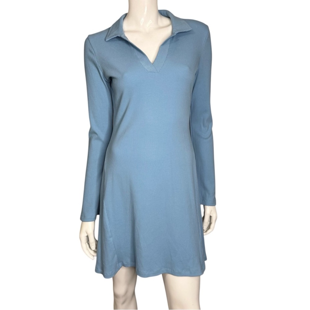 Copper Key Blue Long Sleeve Polo Collar Ribbed A-Line Midi Tee Shirt Dress